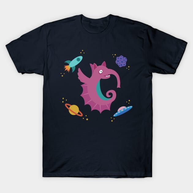 Flying Pink Seahorse Elephant Space Creature T-Shirt by AlisonDennis